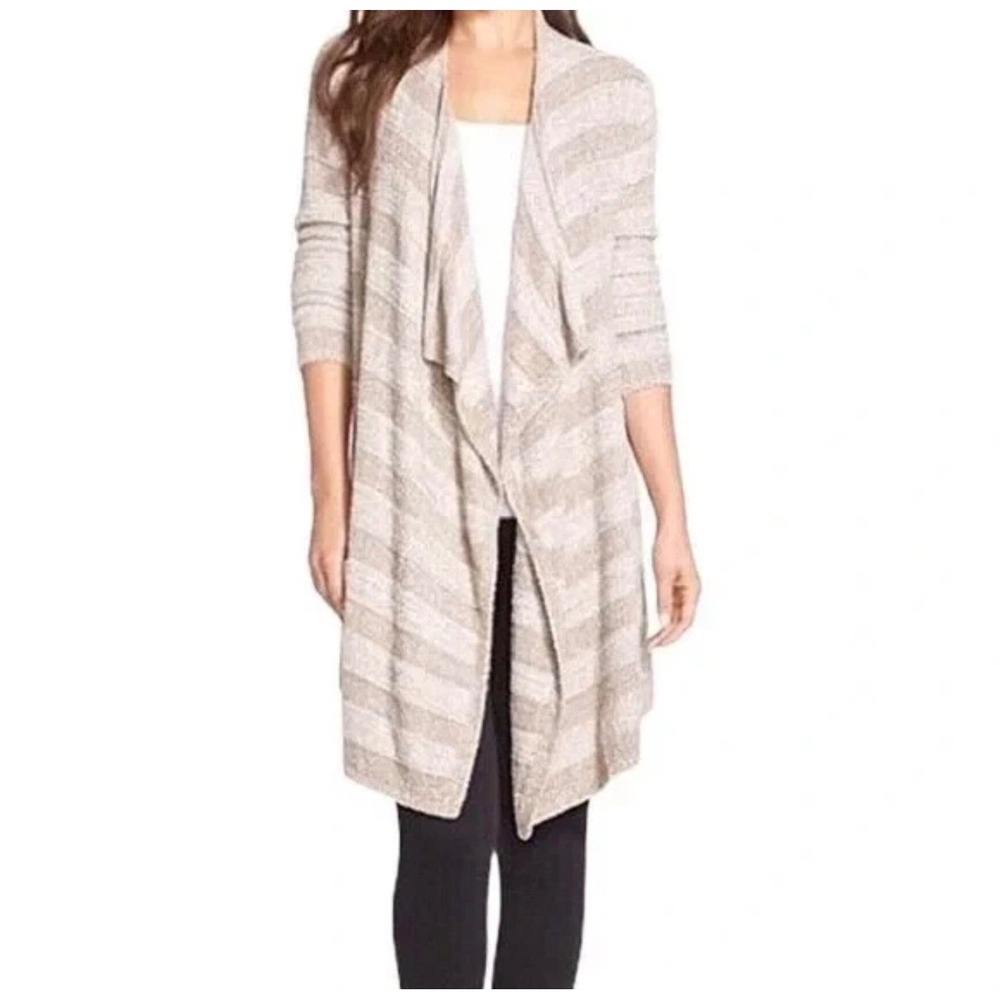 Barefoot Dreams Bamboo Chic Lite Striped Waterfall Cardigan Womens S/M Tan Cream